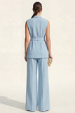 Shawl Lapel Blue 2-Piece Women Suits with Belt