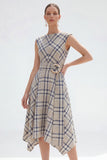 Grey Grid A Line Bateau Neck Asymmetrical Work Dress