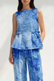 Blue 2 Piece Ruffled Bateau Neck Printed Business Suits with Pockets