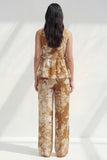 Blue 2 Piece Ruffled Bateau Neck Printed Business Suits with Pockets