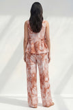 Blue 2 Piece Ruffled Bateau Neck Printed Business Suits with Pockets
