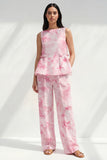 Blue 2 Piece Ruffled Bateau Neck Printed Business Suits with Pockets