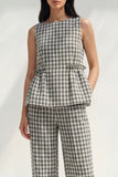 2 Piece Black and White Grid Boat Neck Ruffled Striped Slim Fit Business Suits