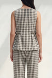 2 Piece Black and White Grid Boat Neck Ruffled Striped Slim Fit Business Suits