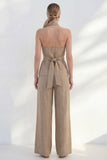 Khaki 2 Piece Halter Striped Wide Leg Business Suits with Belt