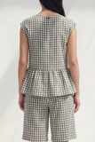 2 Piece Black and White Boat Neck Plaid Business Suits with Ruffles