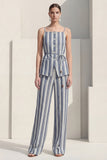Dusty Blue Stripe Spaghetti Strap Single Breasted Women Suit with Belt