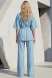 Blue V-Neck Short Sleeves Long Women Suit with Belt