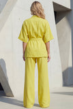 Blue V-Neck Short Sleeves Long Women Suit with Belt