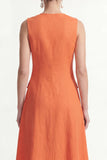 Orange A-Line V-Neck Midi Satin Work Dress