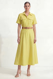 Lemon Yellow A-Line Collar Neck Short Sleeves Midi Work Dress with Belt