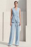 Blue V-Neck Single Breasted Long Satin Women Suits with Belt