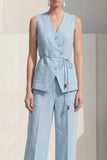 Blue V-Neck Single Breasted Long Satin Women Suits with Belt
