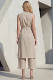 Khaki V-Neck Bodycon Midi Slit Women Suit with Belt