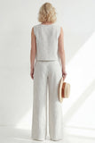 White Crew Neck Stripe Sleeveless Long Women Suit