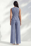 Dark Blue Stripe Crew Neck Slim Fit Long Women Suit