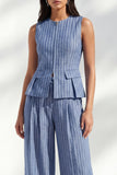Dark Blue Stripe Crew Neck Slim Fit Long Women Suit