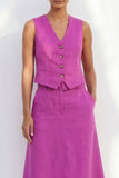 Fuchsia V-Neck Single Breasted Slim Fit Midi Work Dress with Belt