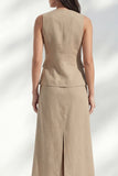 khaki V-Neck Bodycon Single Breasted Midi Slim Fit Work Dress with Slit