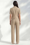 Khaki Notched Lapel Single Breasted Short Sleeves Slim Fit Long Women Suit