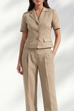 Khaki Notched Lapel Single Breasted Short Sleeves Slim Fit Long Women Suit