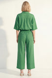 Green Collar Neck Short Sleeves Satin Long Women Suit with Belt