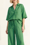 Green Collar Neck Short Sleeves Satin Long Women Suit with Belt