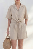 Khaki Notched Lapel Single Breasted Short Sleeves Women Suit
