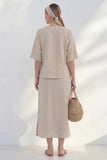 Khaki V-Neck Sheath Short Sleeves Midi Bow Work Dress with Slit