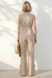 Khaki V-Neck Long Slim Fit Women Suit with Belt