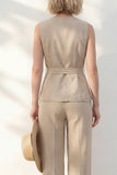 Khaki V-Neck Long Slim Fit Women Suit with Belt