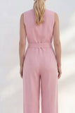 Pink V-Neck Belt Long Women Suit with Slim Fit