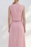 Pink V-Neck Double Breasted Midi Work Dress with Slit