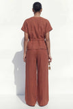 Caramel V-Neck Short Sleeves Long Women Suit with Belt