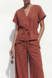 Caramel V-Neck Short Sleeves Long Women Suit with Belt