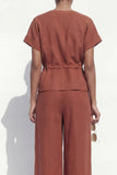 Caramel V-Neck Short Sleeves Long Women Suit with Belt