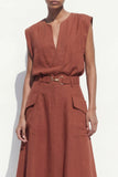 Caramel A-Line Cap Sleeves V-Neck Midi Women Suit with Belt