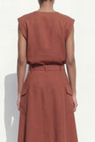 Caramel A-Line Cap Sleeves V-Neck Midi Women Suit with Belt