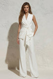 White Notched Lapel Ruched Slim Fit Long Women Suit