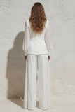 White Notched Lapel Ruched Slim Fit Long Women Suit with Bow