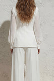 White Notched Lapel Ruched Slim Fit Long Women Suit with Bow