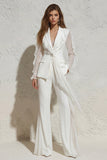 White Notched Lapel Ruffled Slim Fit Long Tulle Women Suit