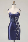 Navy Corset Satin Bodycon Embroidered Homecoming Dress