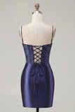 Navy Corset Satin Bodycon Embroidered Homecoming Dress