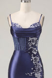 Navy Corset Satin Bodycon Embroidered Homecoming Dress