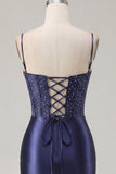 Navy Corset Satin Bodycon Embroidered Homecoming Dress