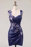Navy Satin Ruched Embroidered Bodycon Homecoming Dress