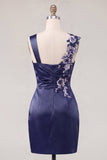 Navy Satin Ruched Embroidered Bodycon Homecoming Dress