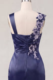 Navy Satin Ruched Embroidered Bodycon Homecoming Dress