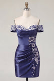 Off the Shoulder Navy Embroidered Satin Ruched Bodycon Homecoming Dress